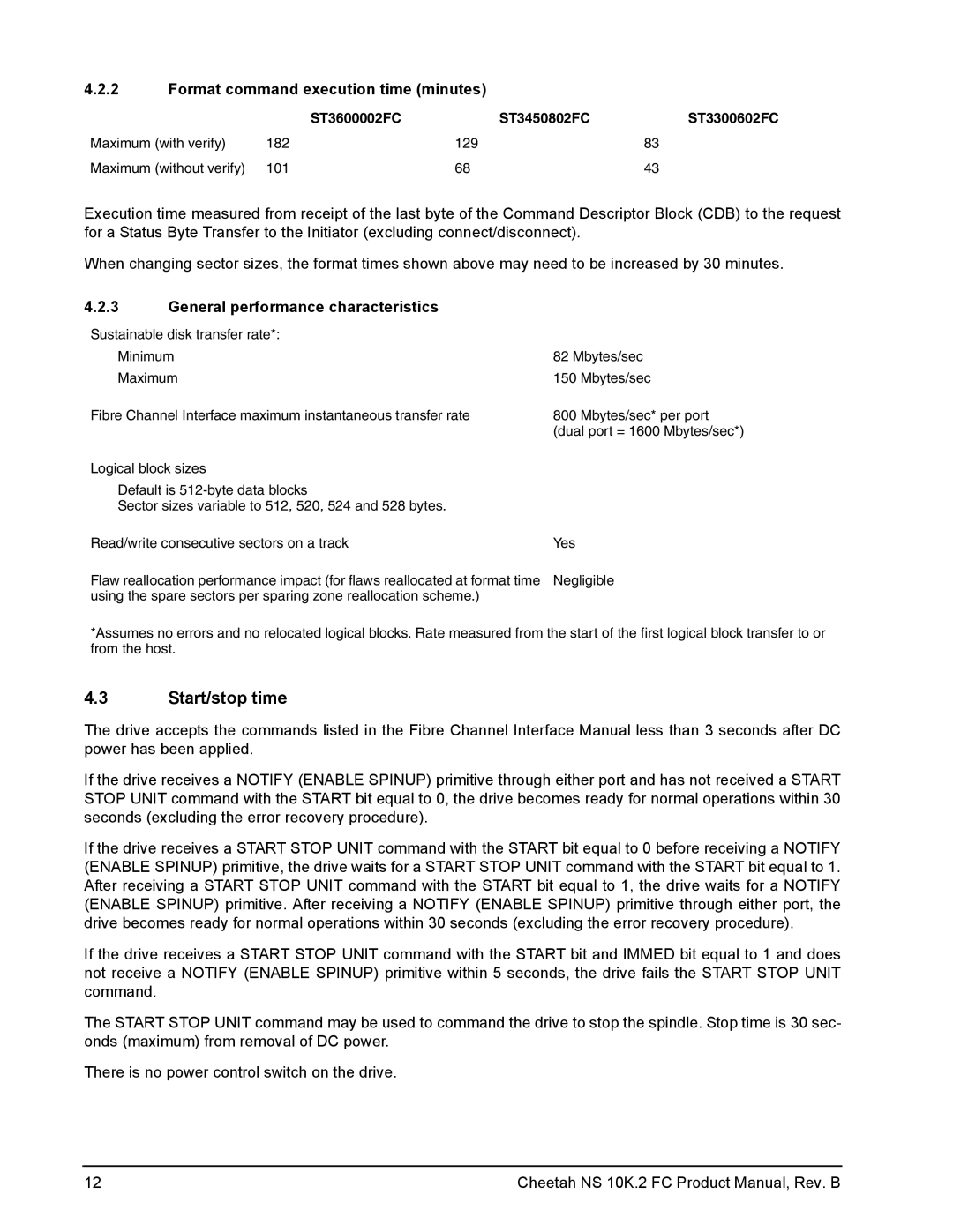 Seagate ST3300602FC manual Start/stop time, Format command execution time minutes, General performance characteristics 