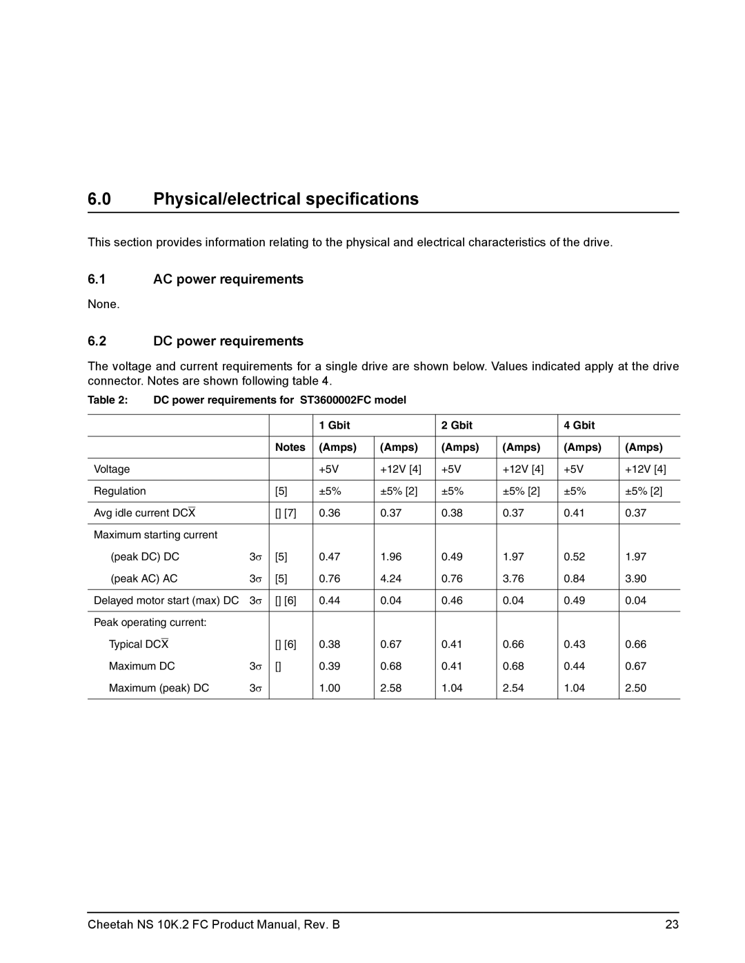 Seagate ST3600002FC, ST3300602FC manual Physical/electrical specifications, AC power requirements, DC power requirements 