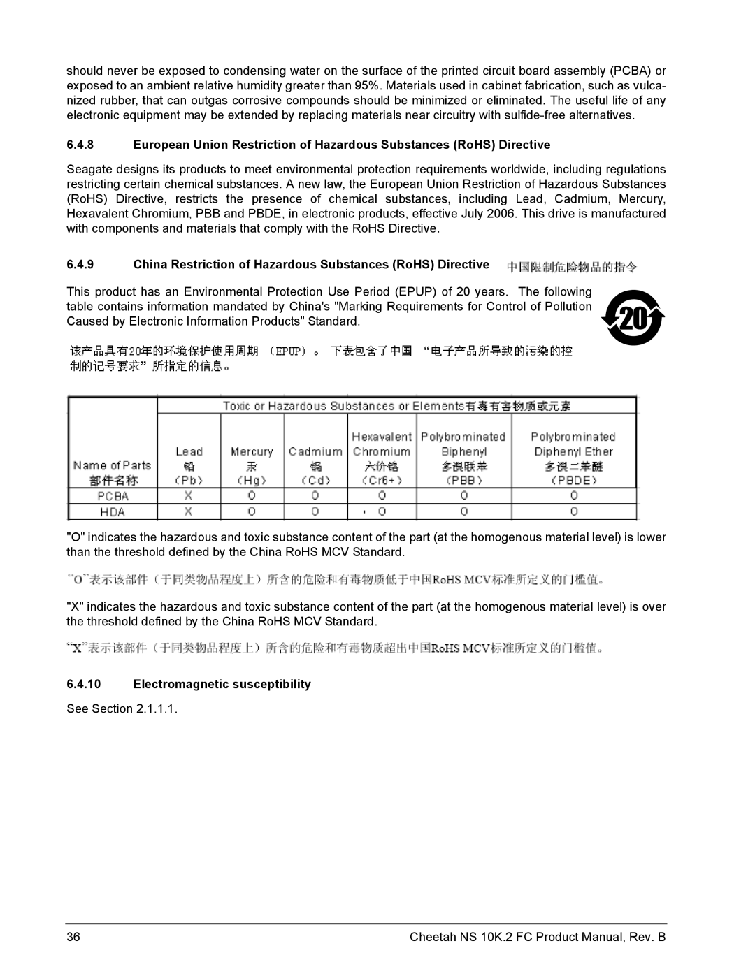 Seagate ST3300602FC, ST3450802FC China Restriction of Hazardous Substances RoHS Directive, Electromagnetic susceptibility 