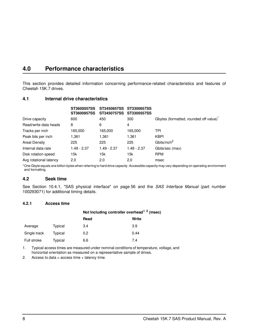 Seagate ST3450857SS, ST3300657SS manual Performance characteristics, Internal drive characteristics, Seek time, Access time 