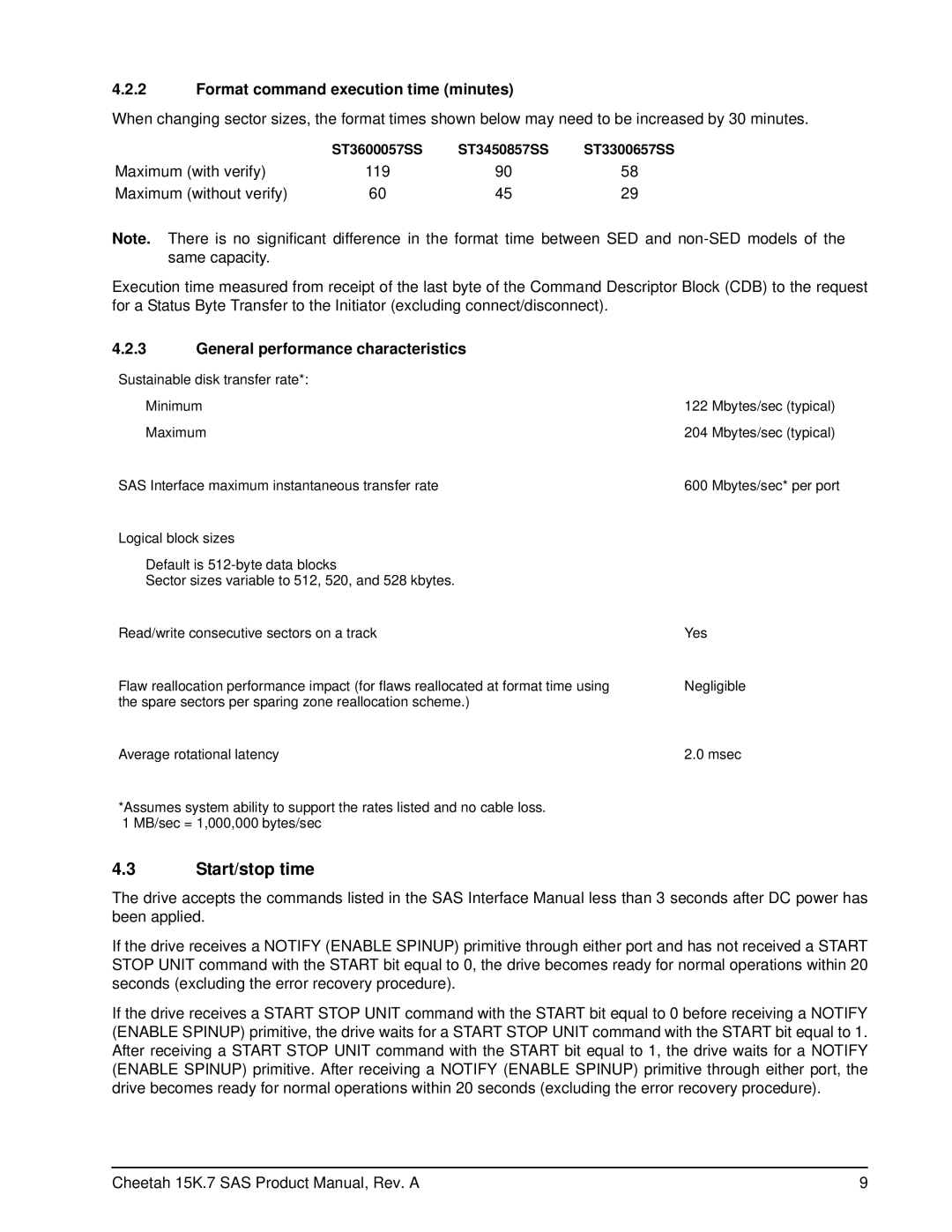 Seagate ST3450757SS manual Start/stop time, Format command execution time minutes, General performance characteristics 