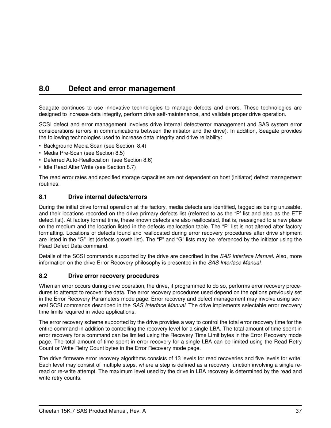 Seagate ST3300557SS manual Defect and error management, Drive internal defects/errors, Drive error recovery procedures 