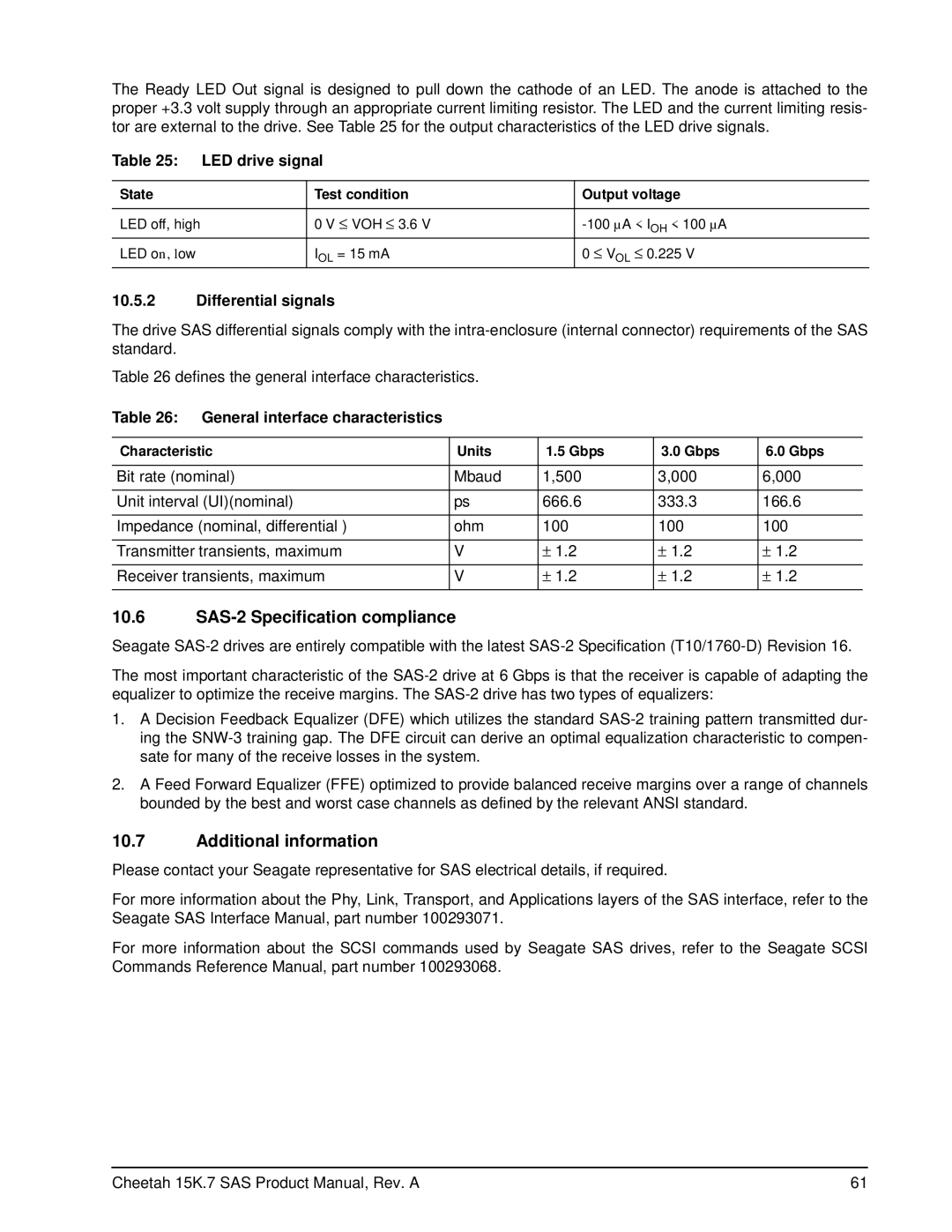 Seagate ST3300557SS manual SAS-2 Specification compliance, Additional information, LED drive signal, Differential signals 