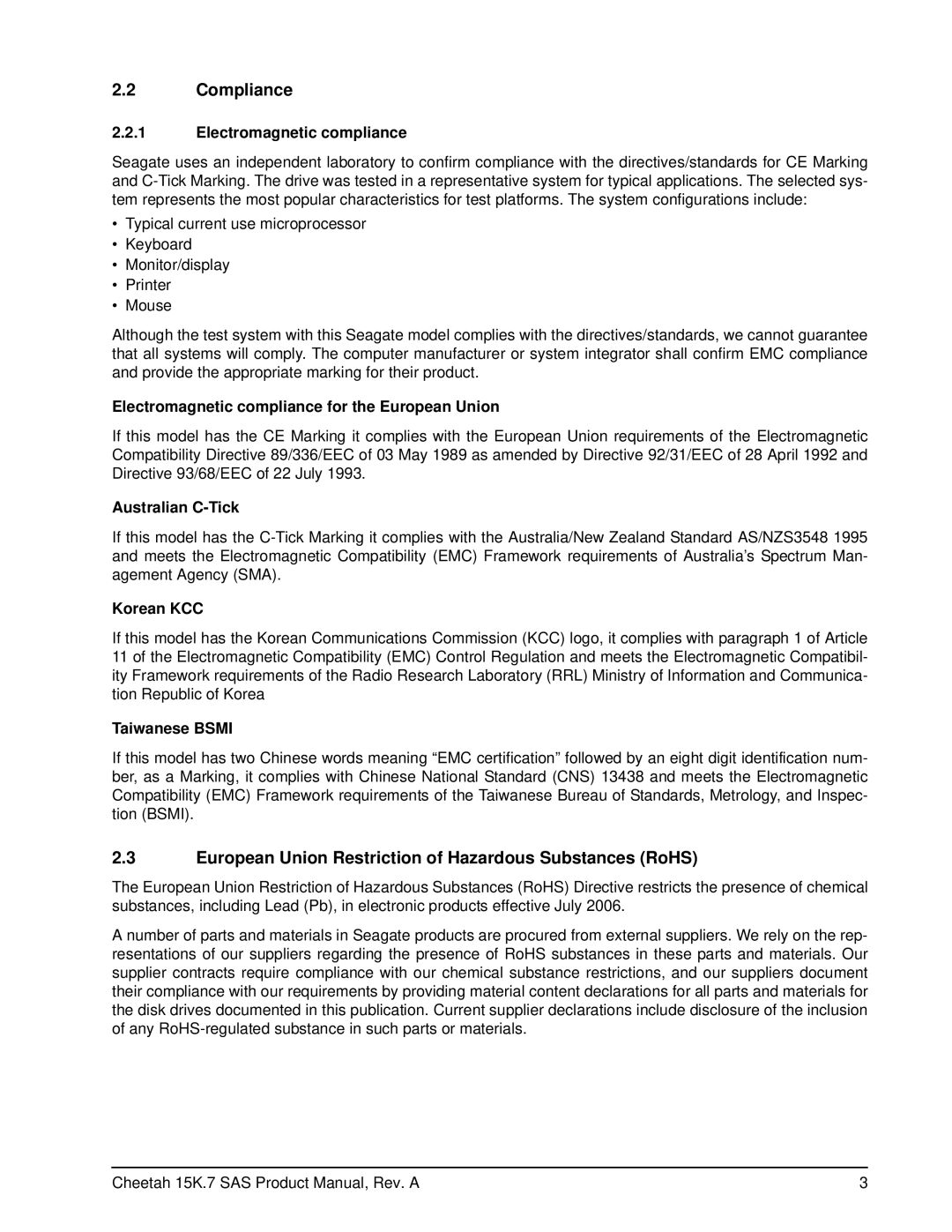 Seagate ST3450757SS, ST3300657SS, ST3300557SS manual Compliance, European Union Restriction of Hazardous Substances RoHS 