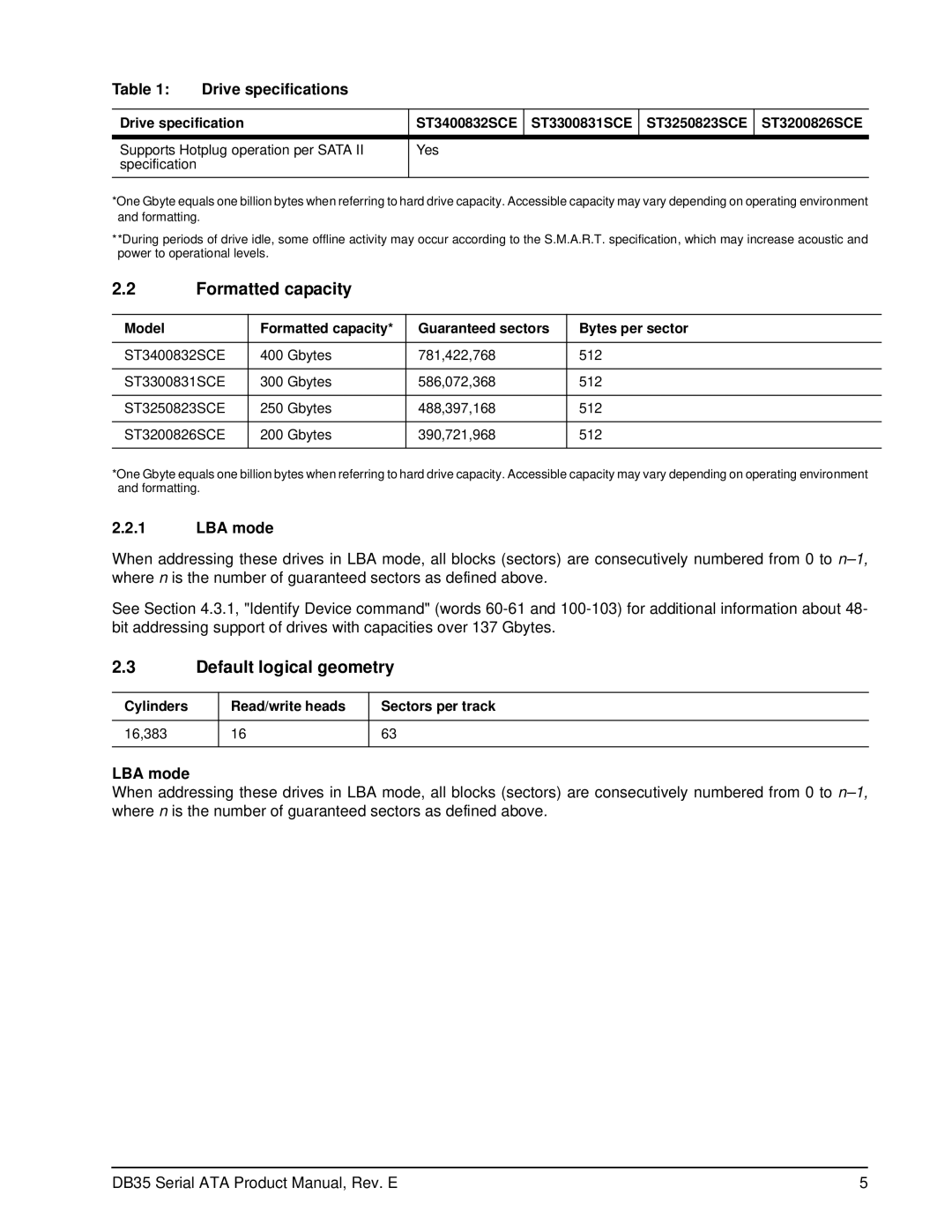 Seagate ST3200826SCE, ST3300831SCE, ST3400832SCE, ST3250823SCE manual Formatted capacity, Default logical geometry, LBA mode 