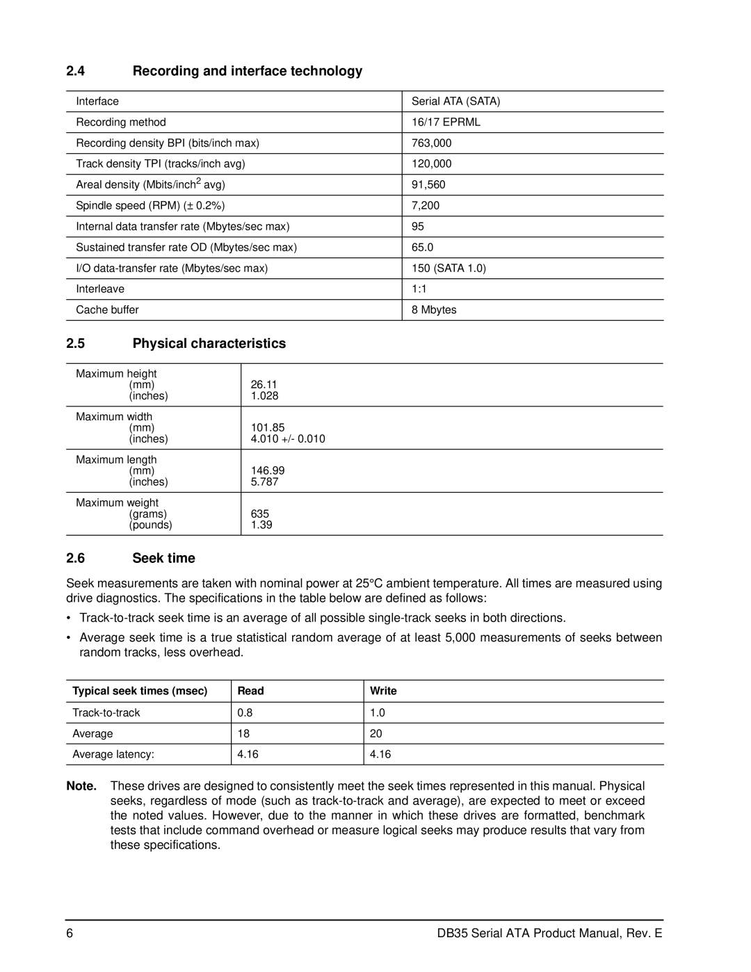 Seagate ST3300831SCE, ST3400832SCE, ST3250823SCE Recording and interface technology, Physical characteristics, Seek time 