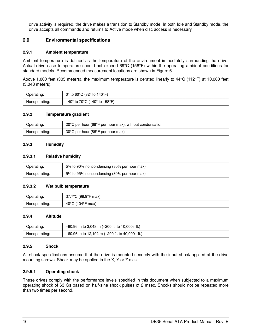 Seagate ST3300831SCE, ST3400832SCE, ST3250823SCE, ST3200826SCE manual Environmental specifications 