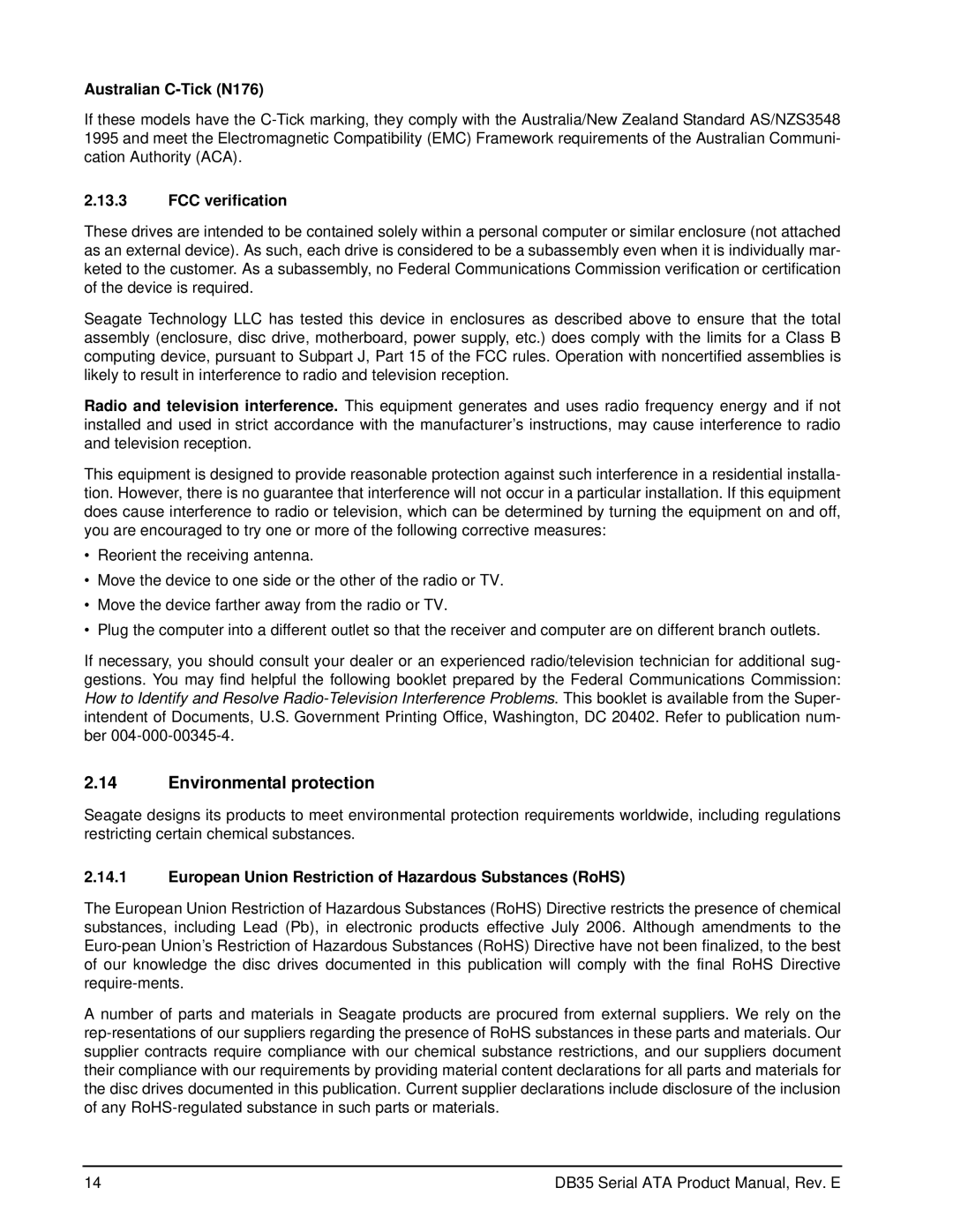 Seagate ST3300831SCE, ST3400832SCE, ST3250823SCE manual Environmental protection, Australian C-Tick N176, FCC verification 