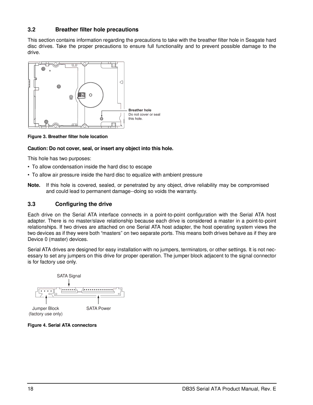 Seagate ST3300831SCE, ST3400832SCE, ST3250823SCE, ST3200826SCE manual Breather filter hole precautions, Configuring the drive 