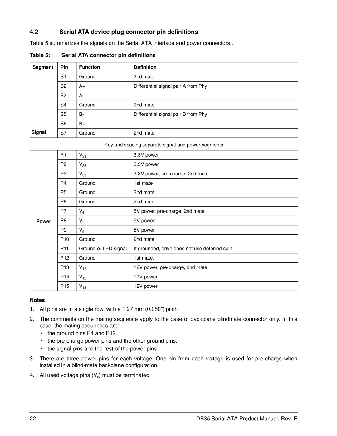 Seagate ST3300831SCE manual Serial ATA device plug connector pin definitions, Serial ATA connector pin definitions, Signal 