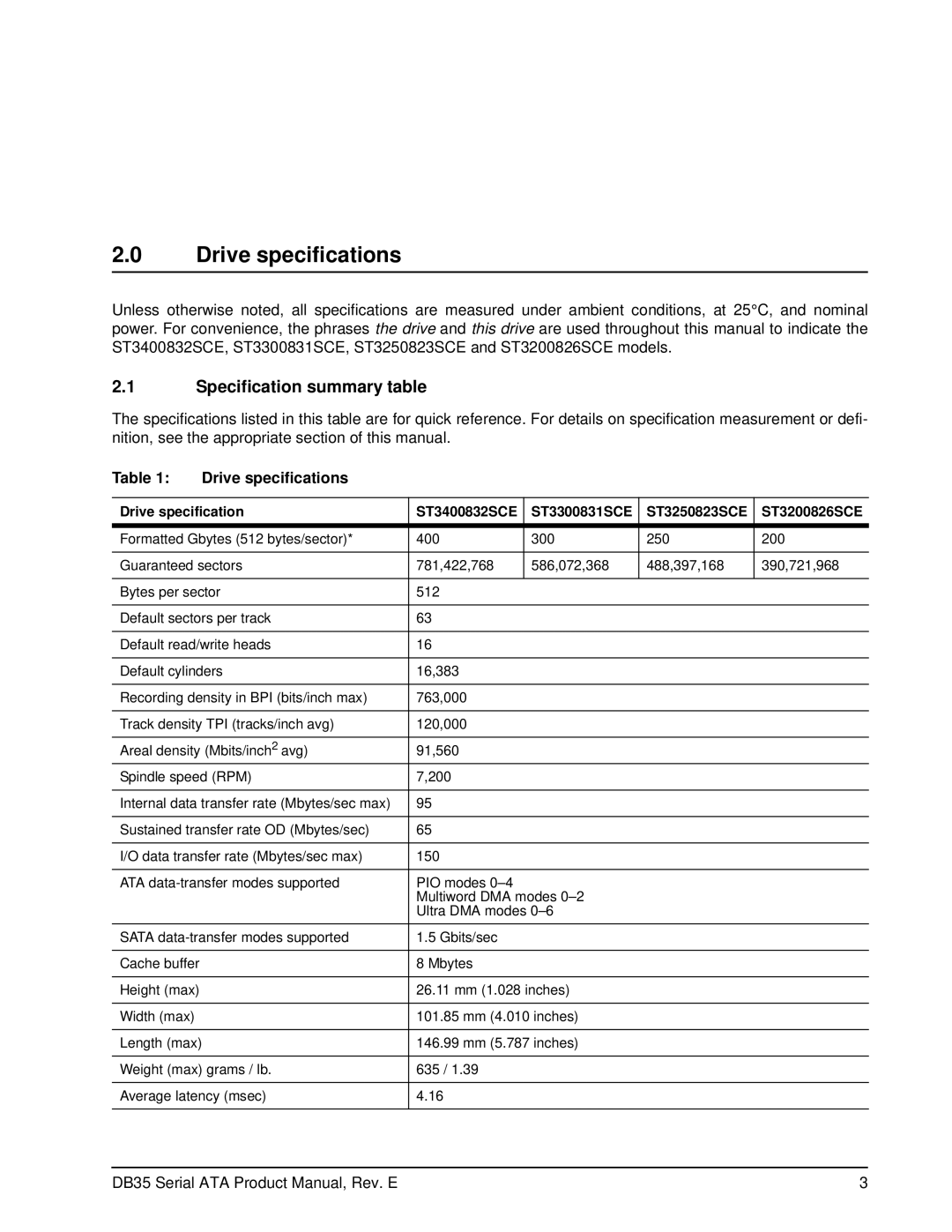 Seagate ST3400832SCE, ST3300831SCE, ST3250823SCE, ST3200826SCE manual Drive specifications, Specification summary table 