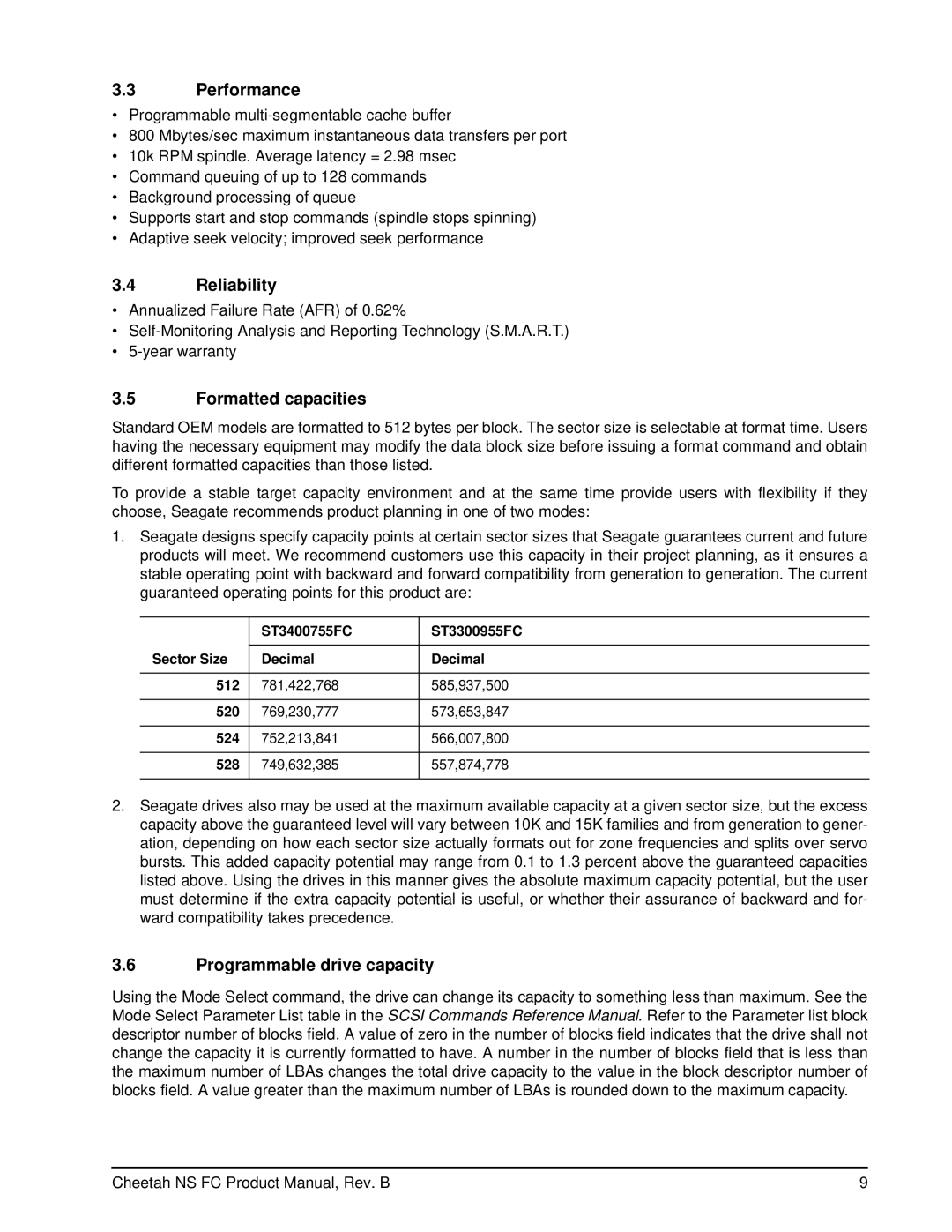 Seagate ST3400755FC, ST3300955FC manual Performance, Reliability, Formatted capacities, Programmable drive capacity 