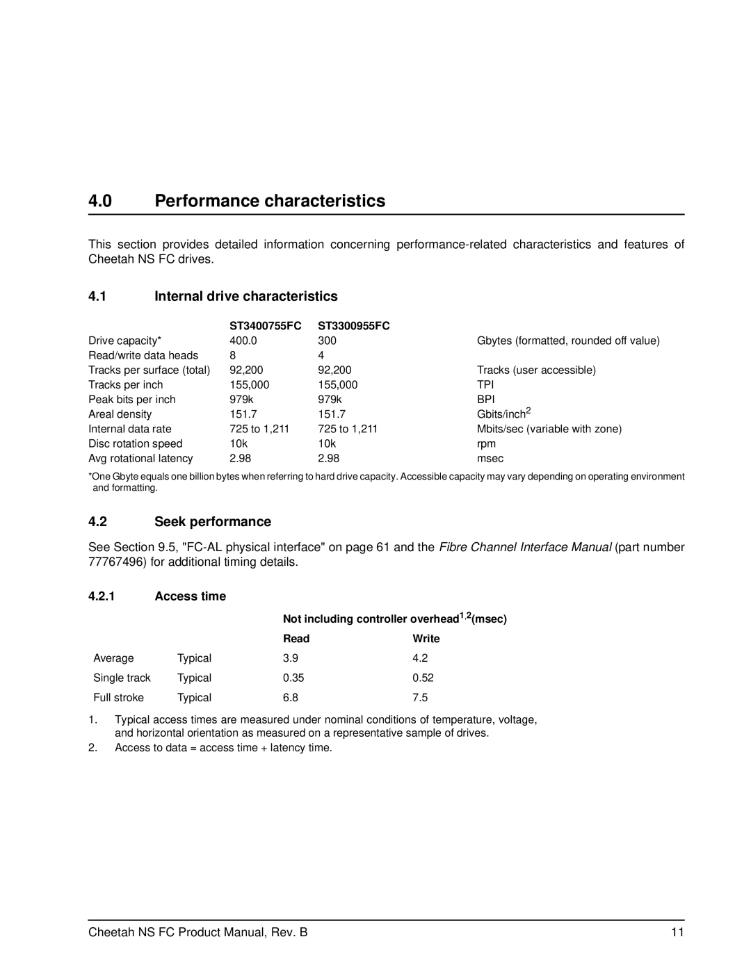 Seagate ST3400755FC manual Performance characteristics, Internal drive characteristics, Seek performance, Access time 