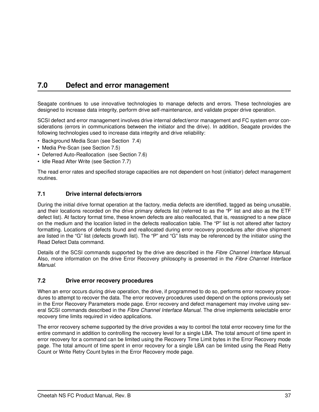 Seagate ST3400755FC manual Defect and error management, Drive internal defects/errors, Drive error recovery procedures 