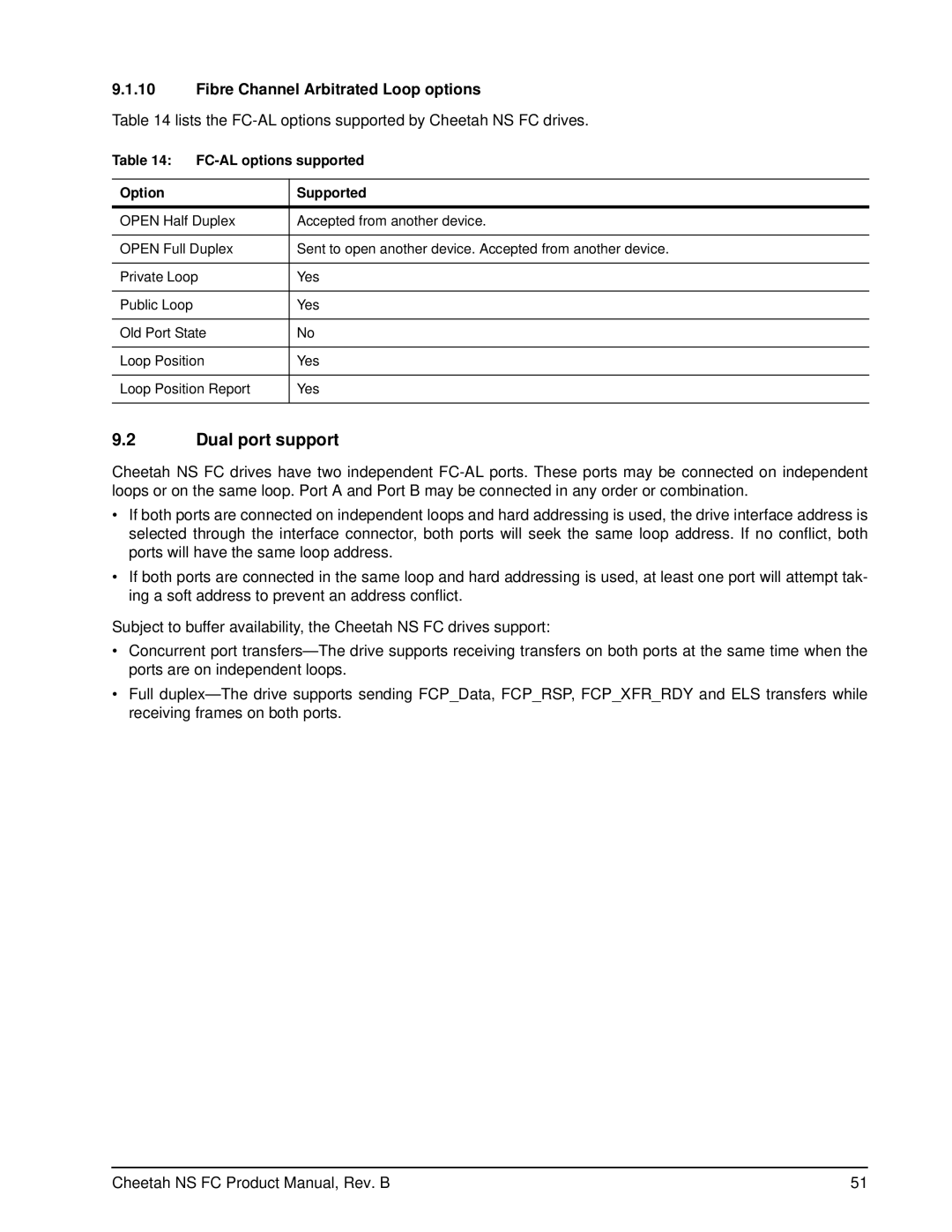 Seagate ST3400755FC Dual port support, Fibre Channel Arbitrated Loop options, FC-AL options supported, Option Supported 