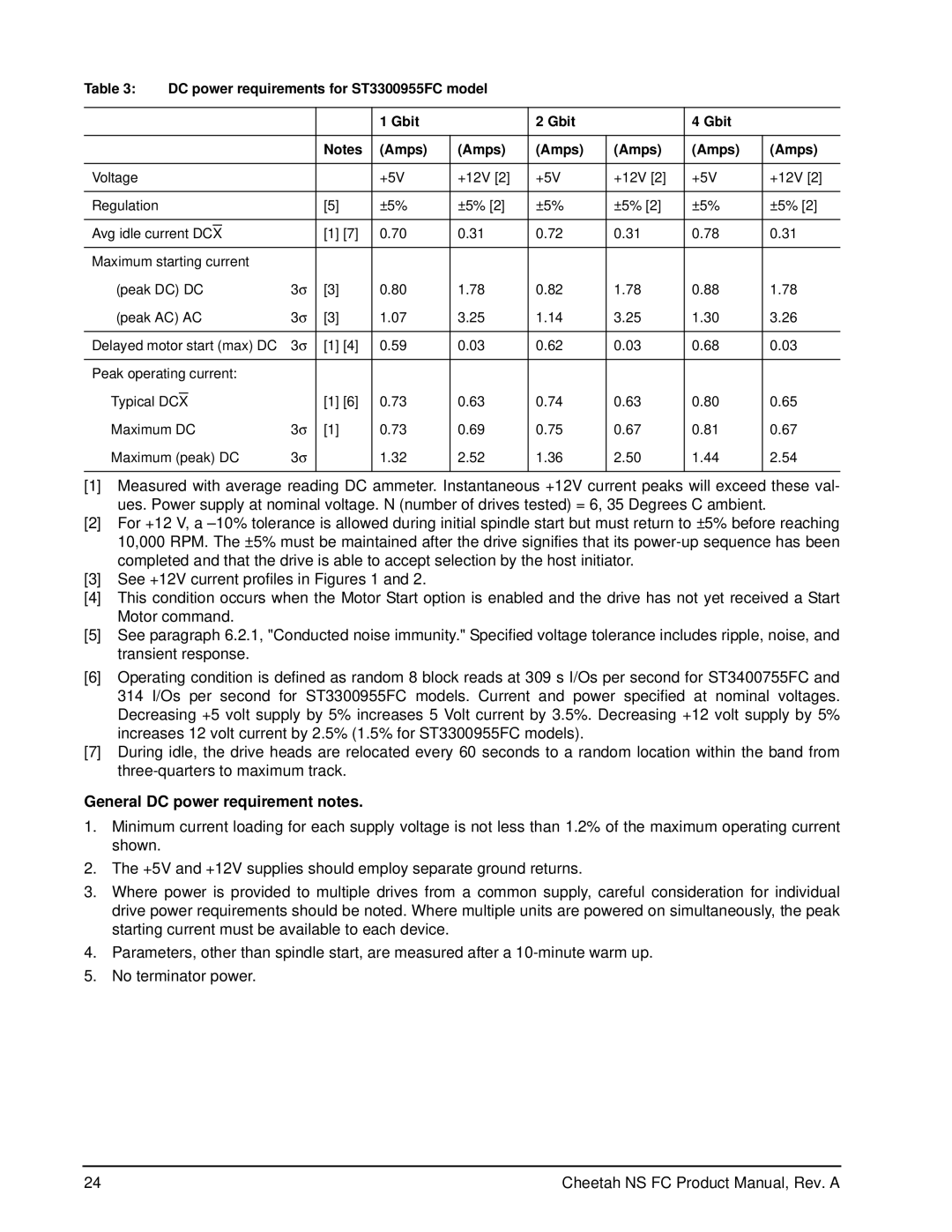 Seagate ST3400755FC manual General DC power requirement notes, DC power requirements for ST3300955FC model Gbit Amps 