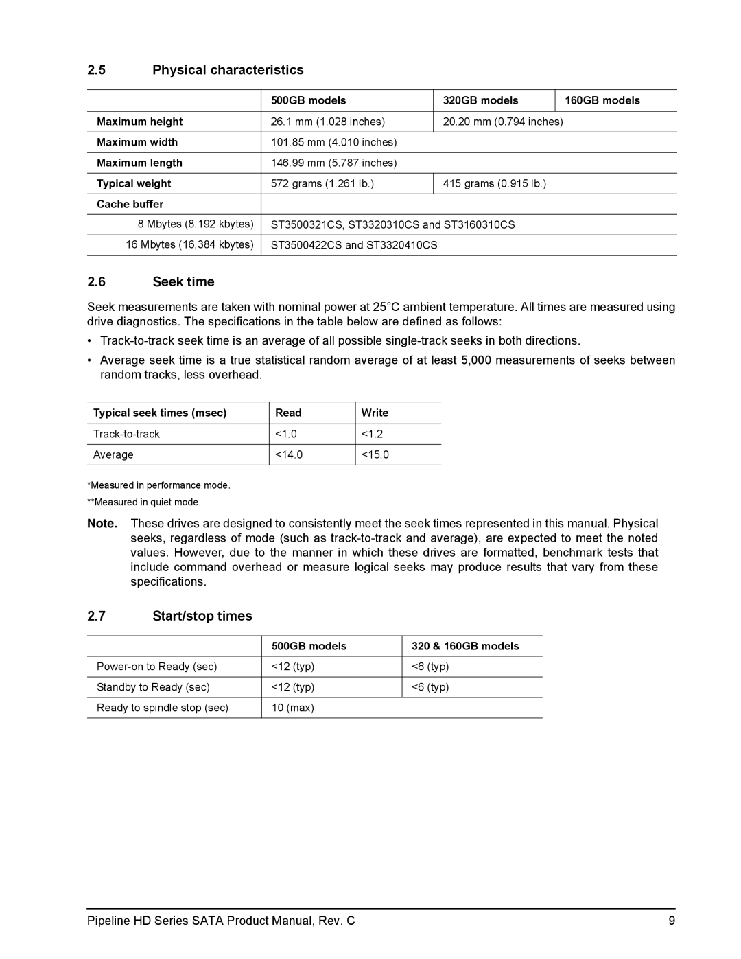 Seagate ST3320310CS, ST3160310CS, ST3320410CS, ST3500422CS, ST3500321CS Physical characteristics, Seek time, Start/stop times 