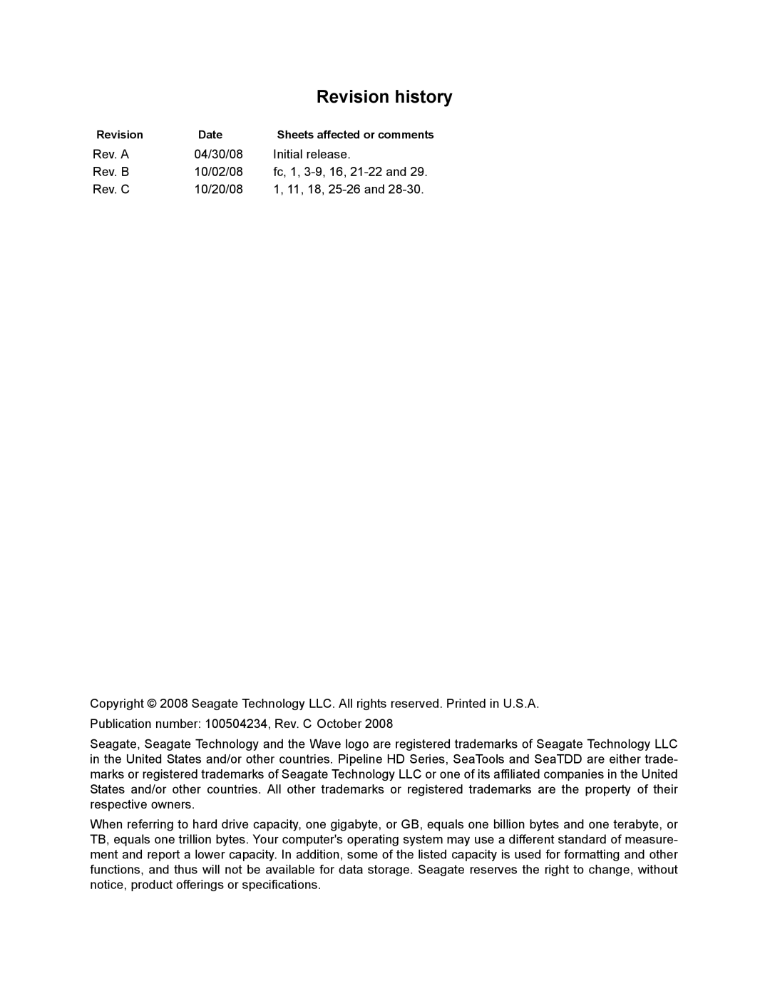 Seagate ST3320410CS, ST3320310CS, ST3160310CS, ST3500422CS manual Revision history, Revision Date Sheets affected or comments 