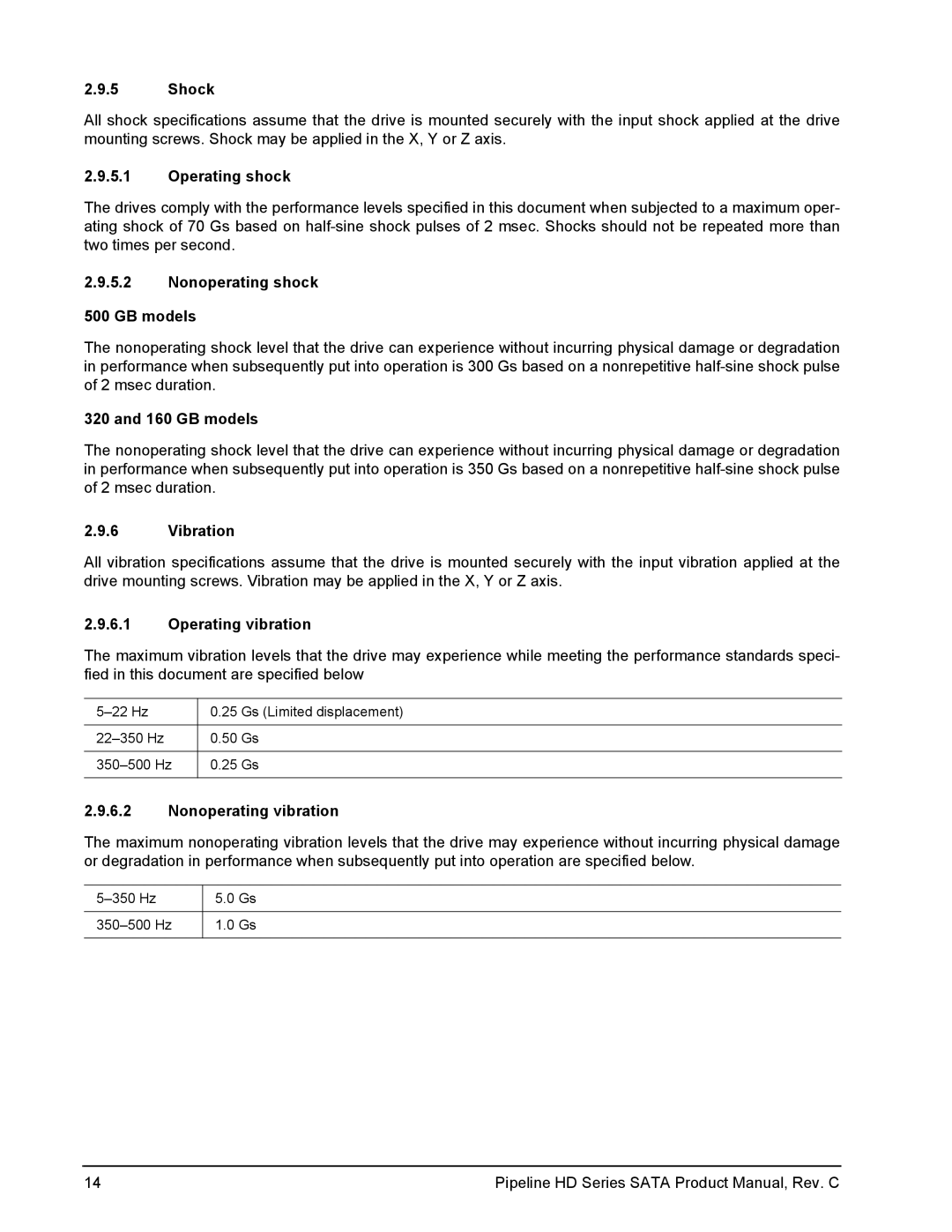 Seagate ST3320310CS, ST3160310CS manual Shock, Operating shock, Nonoperating shock GB models, Vibration, Operating vibration 