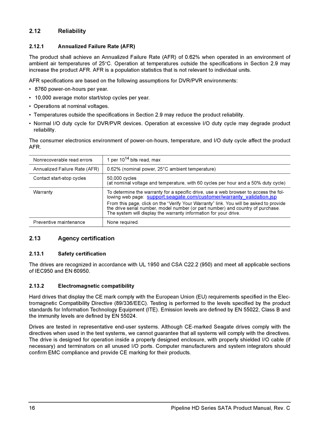 Seagate ST3320410CS, ST3320310CS manual Reliability, Agency certification, Annualized Failure Rate AFR, Safety certification 