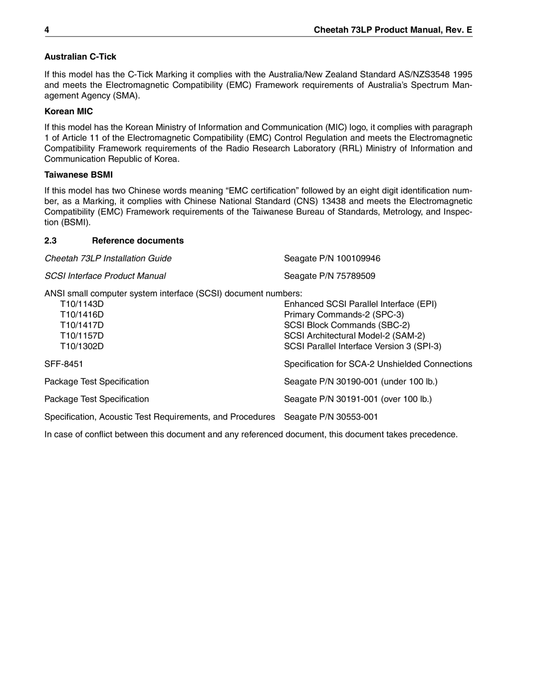 Seagate ST336605LW/LC/LCV, ST373405LW/LWV/LC/LCV manual Australian C-Tick, Korean MIC, Taiwanese Bsmi 