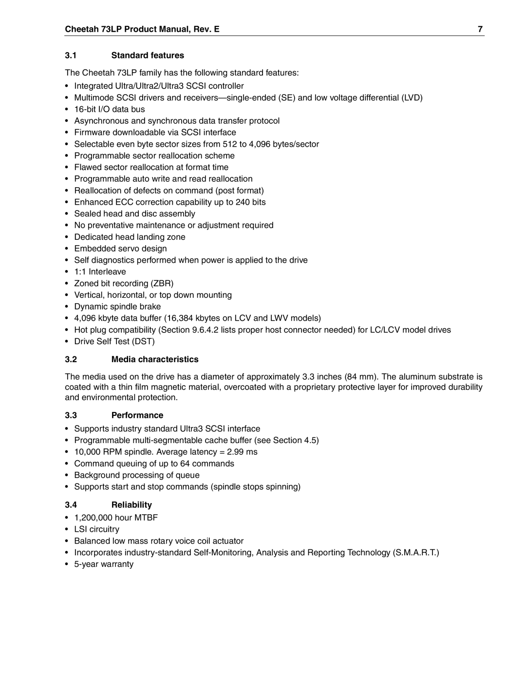 Seagate ST373405LW/LWV/LC/LCV Cheetah 73LP Product Manual, Rev. E Standard features, Media characteristics, Performance 