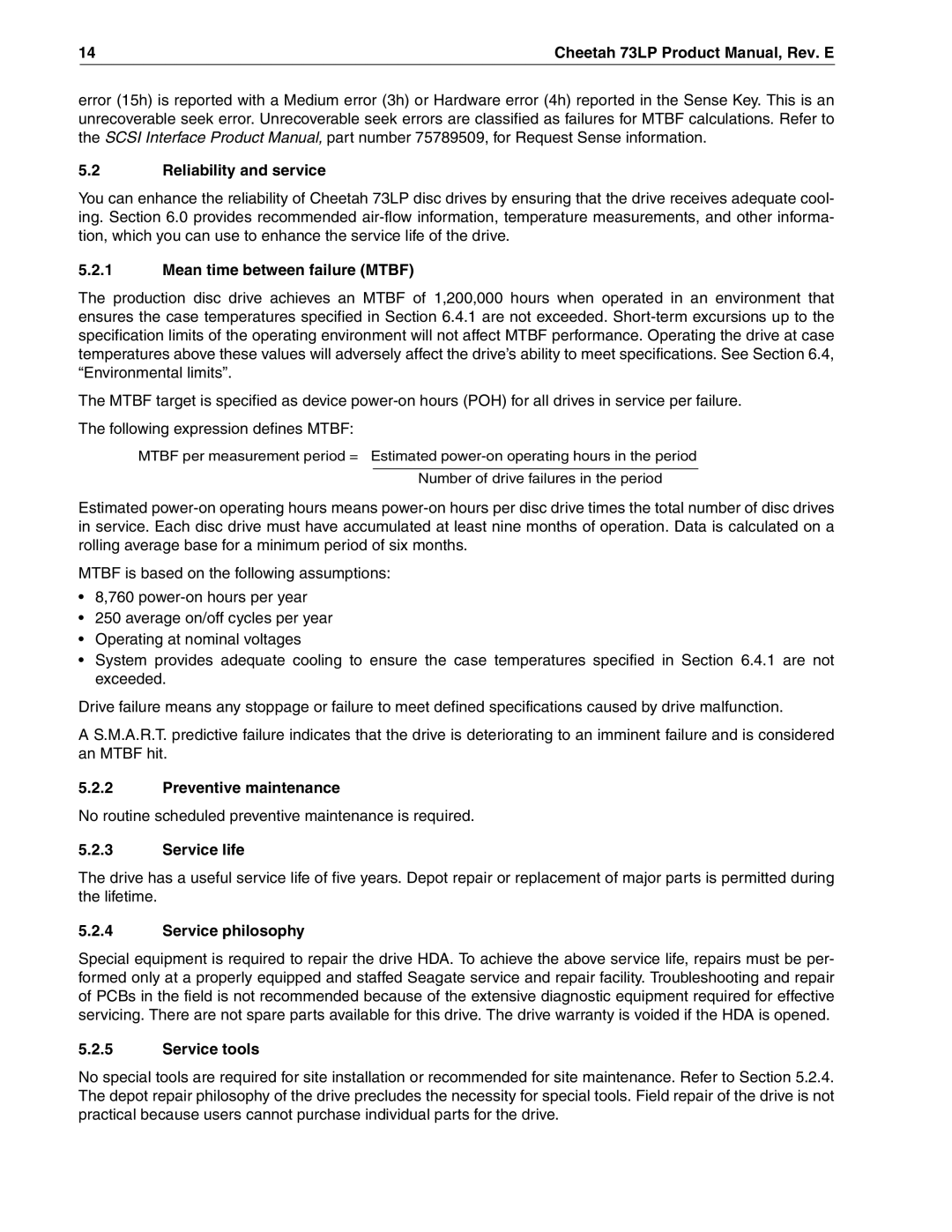 Seagate ST336605LW/LC/LCV Reliability and service, Mean time between failure Mtbf, Preventive maintenance, Service life 