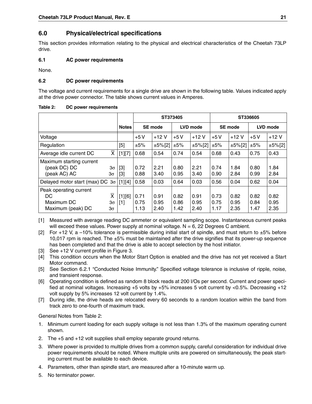 Seagate ST373405LW/LWV/LC/LCV manual Physical/electrical specifications, AC power requirements, DC power requirements 