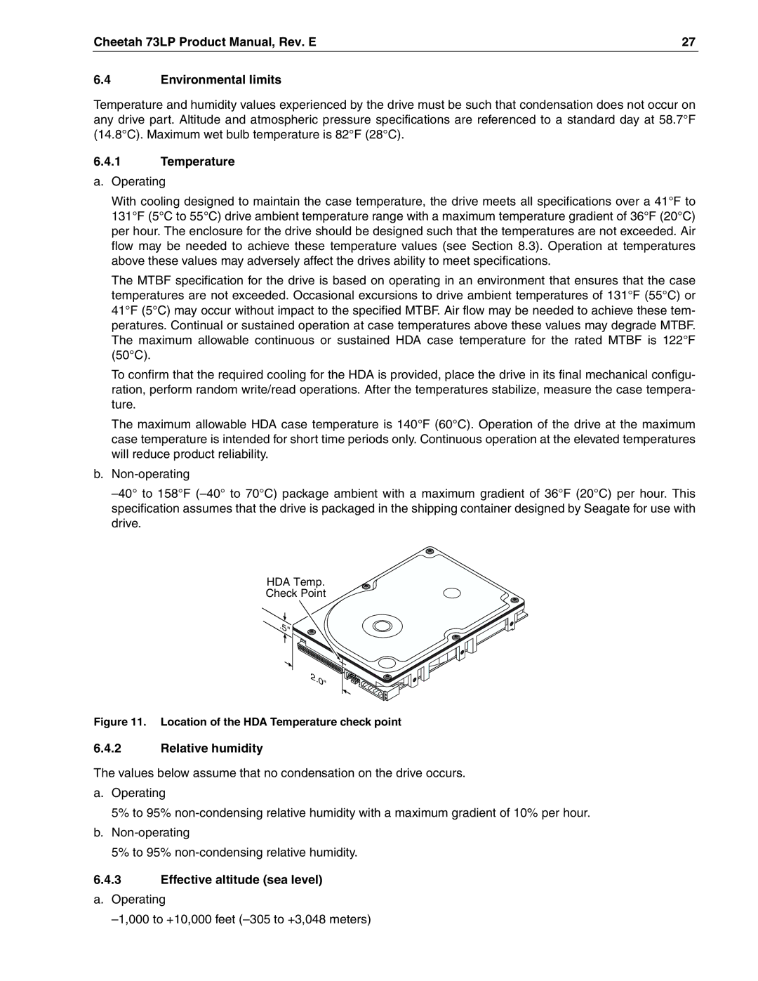 Seagate ST373405LW/LWV/LC/LCV Cheetah 73LP Product Manual, Rev. E Environmental limits, Temperature, Relative humidity 