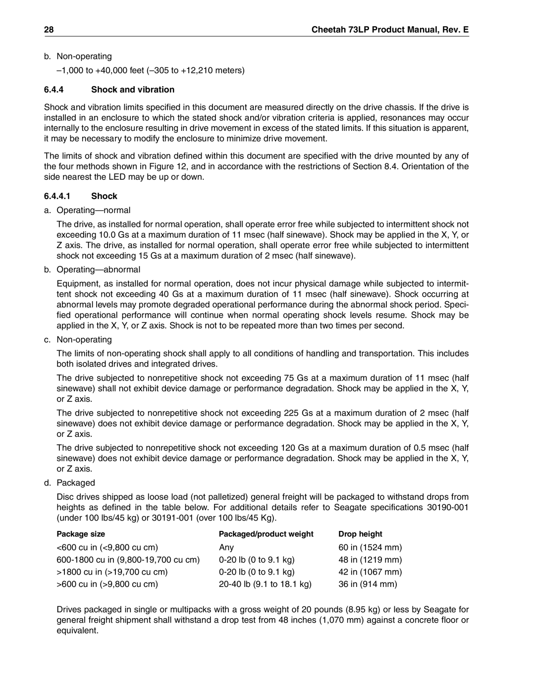 Seagate ST336605LW/LC/LCV, ST373405LW/LWV/LC/LCV manual Shock and vibration 