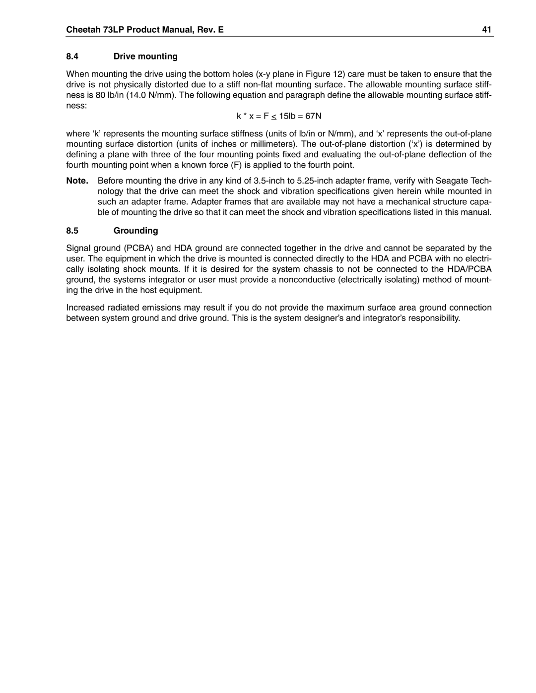 Seagate ST373405LW/LWV/LC/LCV, ST336605LW/LC/LCV manual Cheetah 73LP Product Manual, Rev. E Drive mounting, Grounding 