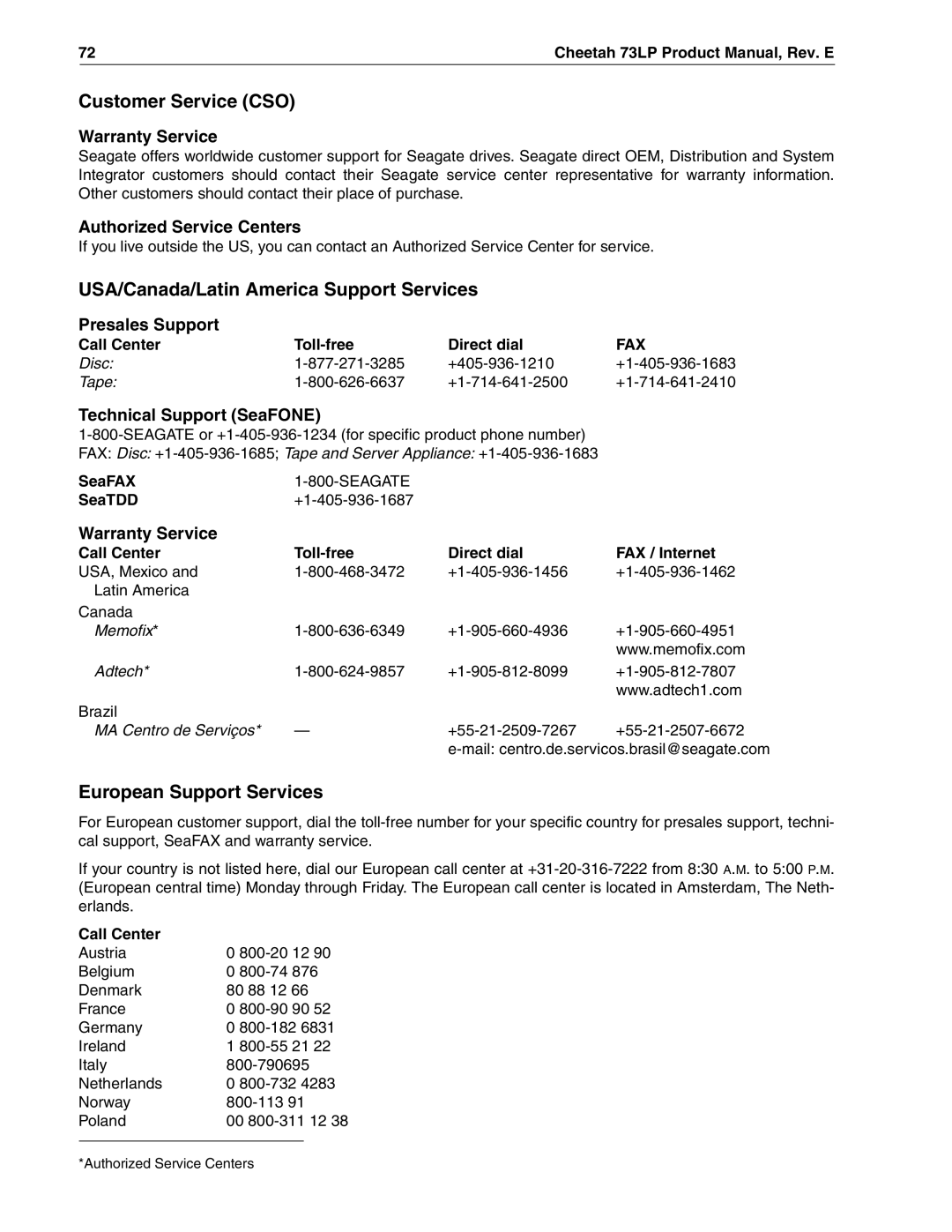 Seagate ST336605LW/LC/LCV manual Customer Service CSO, USA/Canada/Latin America Support Services, European Support Services 