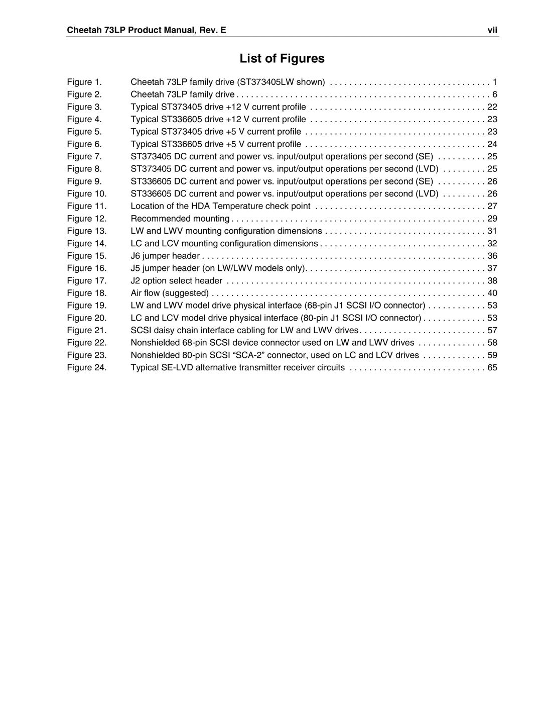 Seagate ST373405LW/LWV/LC/LCV, ST336605LW/LC/LCV manual List of Figures, Cheetah 73LP Product Manual, Rev. E Vii 