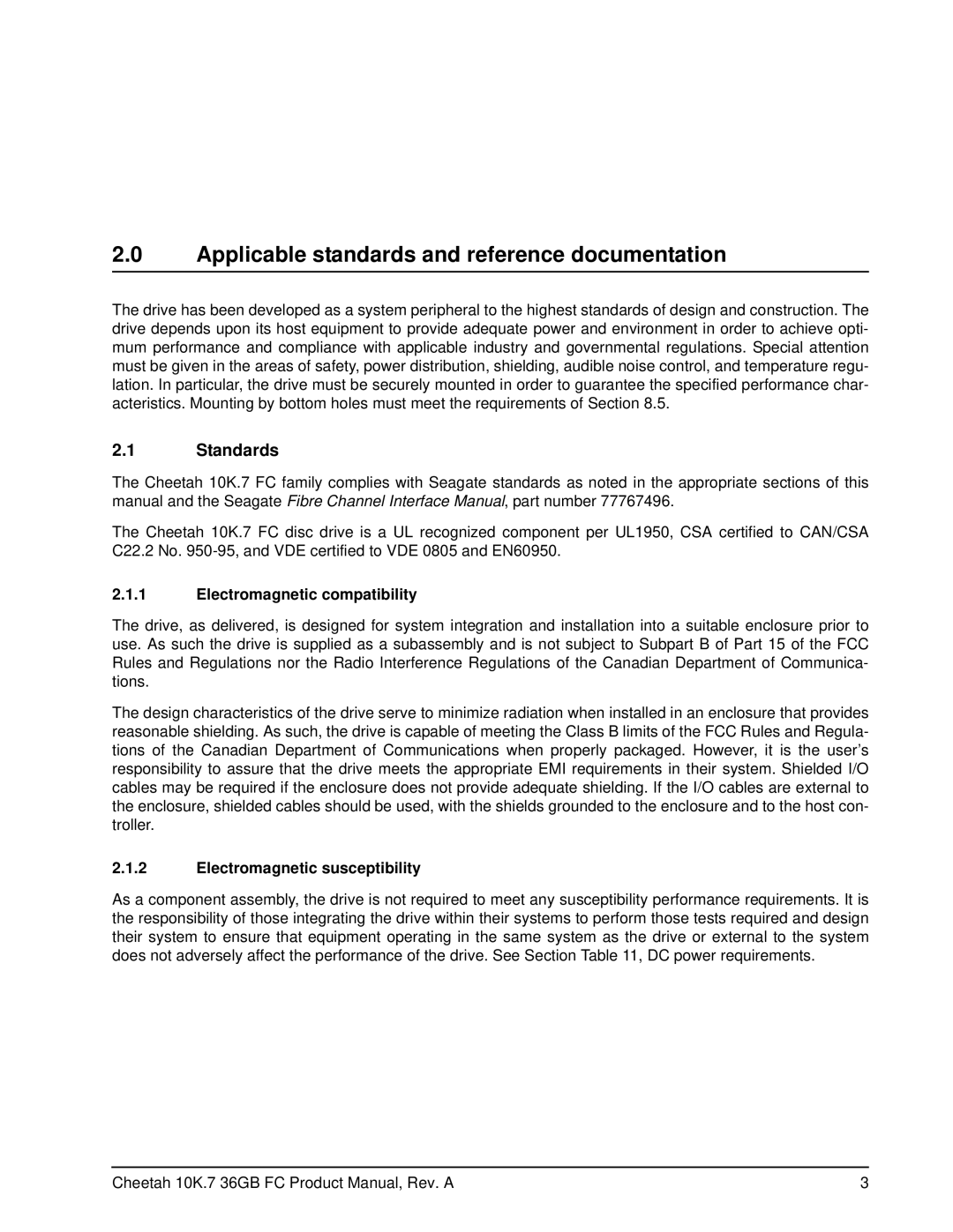 Seagate ST336807FC manual Applicable standards and reference documentation, Standards, Electromagnetic compatibility 