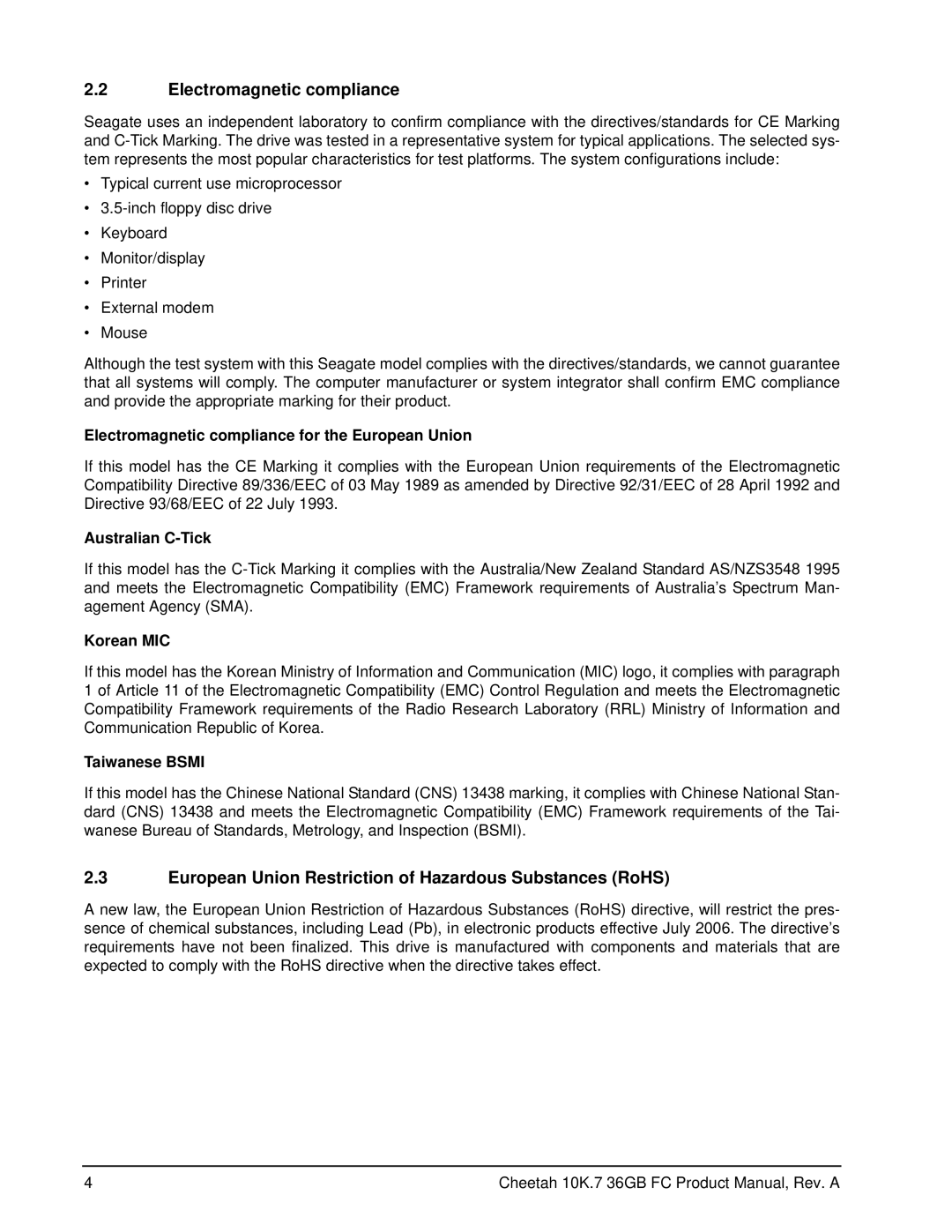 Seagate ST336807FC manual Electromagnetic compliance, European Union Restriction of Hazardous Substances RoHS 