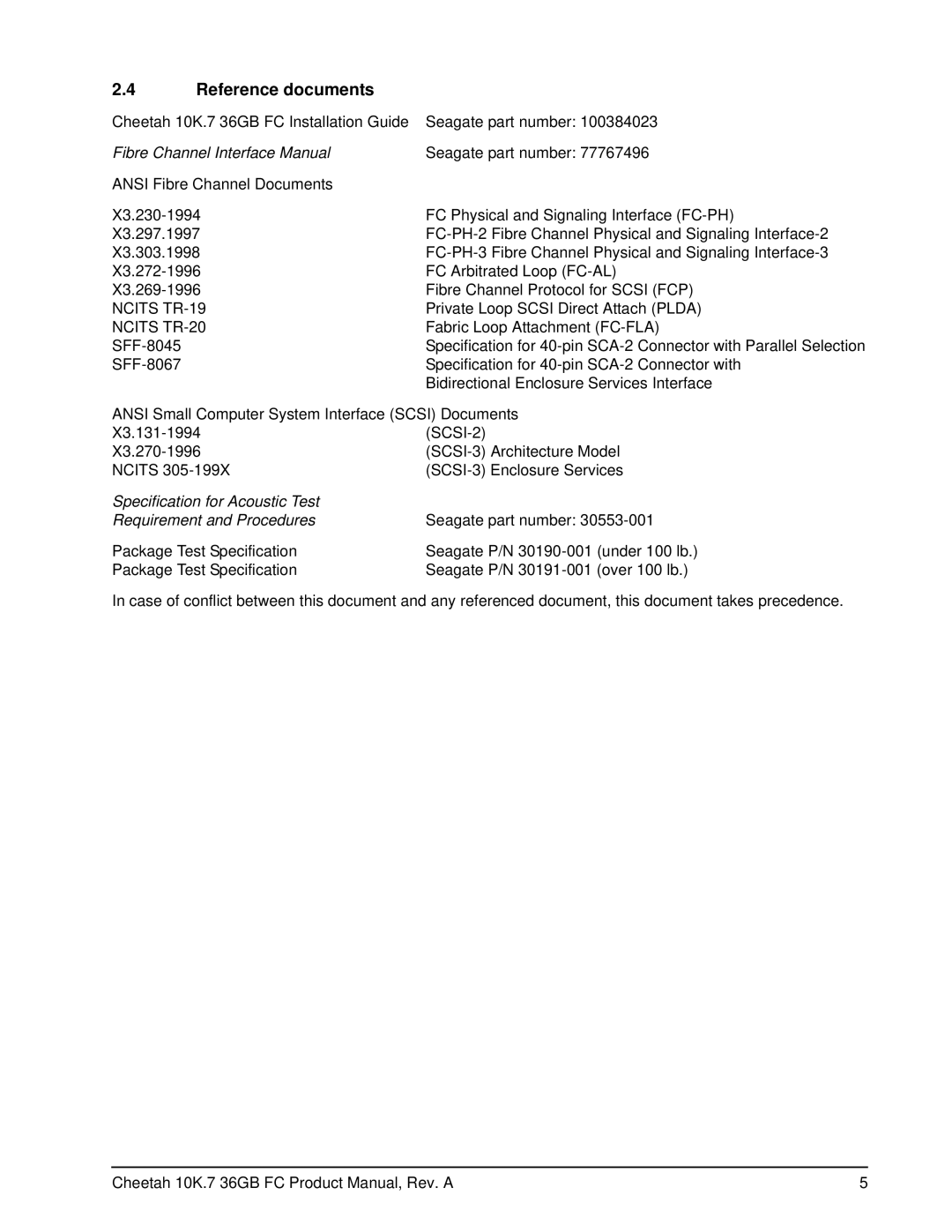 Seagate ST336807FC manual Reference documents, Fibre Channel Interface Manual 