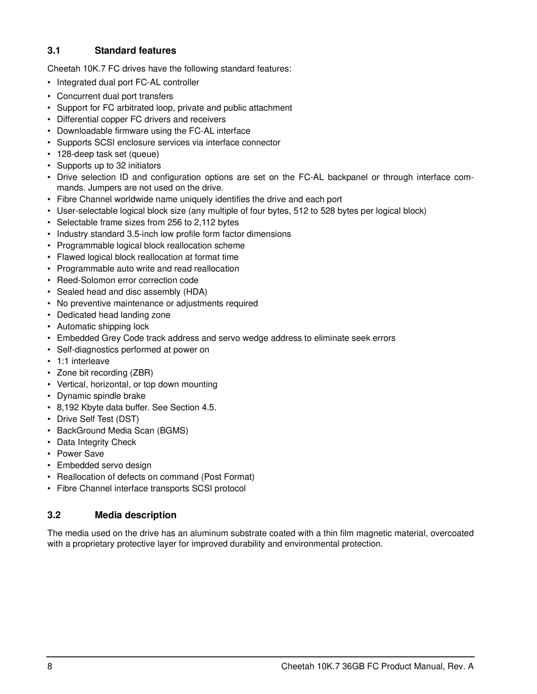 Seagate ST336807FC manual Standard features, Media description 