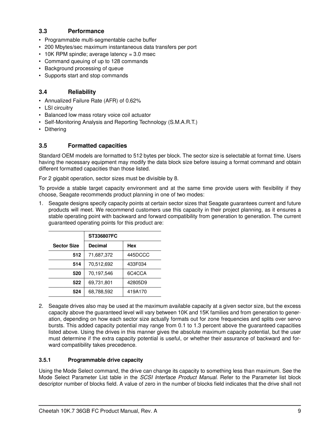 Seagate ST336807FC manual Performance, Reliability, Formatted capacities, Programmable drive capacity 