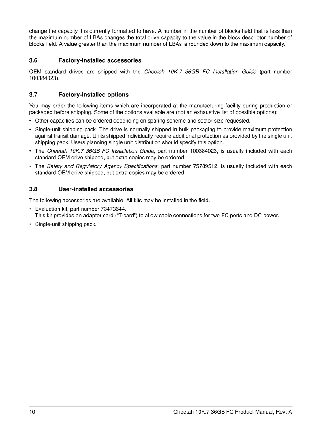 Seagate ST336807FC manual Factory-installed accessories, Factory-installed options, User-installed accessories 