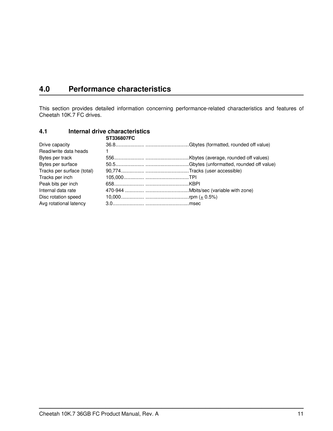 Seagate ST336807FC manual Performance characteristics, Internal drive characteristics 