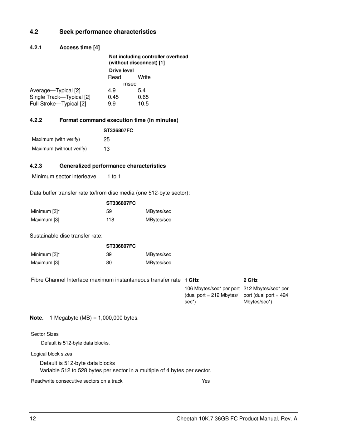 Seagate ST336807FC manual Seek performance characteristics, Access time, Format command execution time in minutes, GHz 