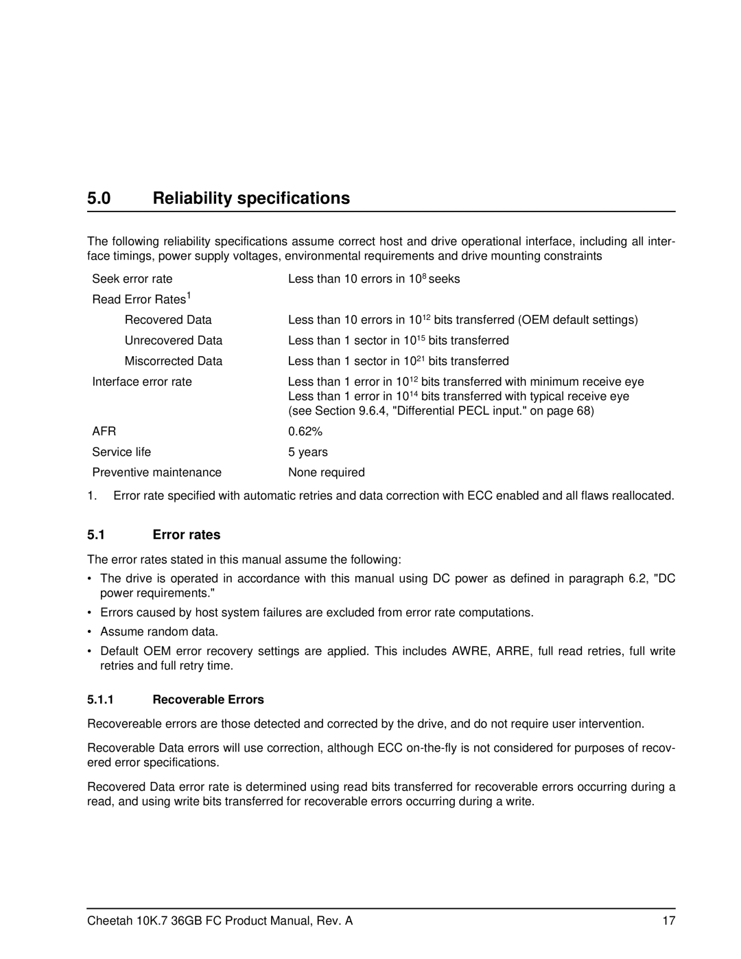 Seagate ST336807FC manual Reliability specifications, Error rates, Recoverable Errors 