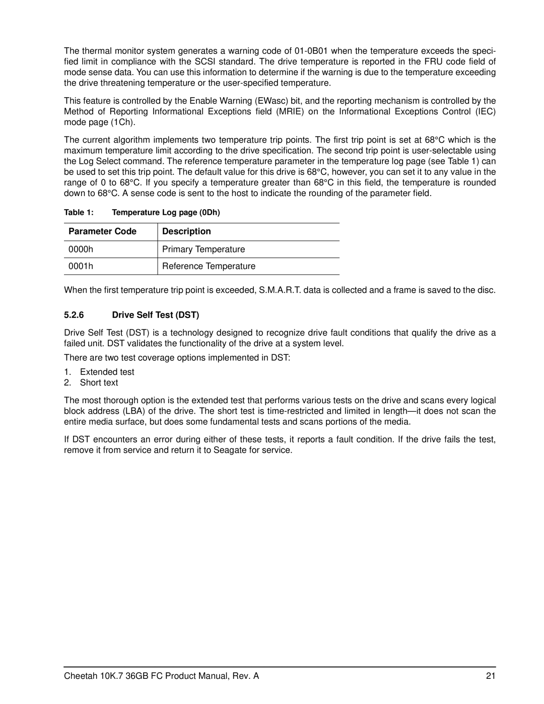 Seagate ST336807FC manual Parameter Code Description, Drive Self Test DST, Temperature Log page 0Dh 