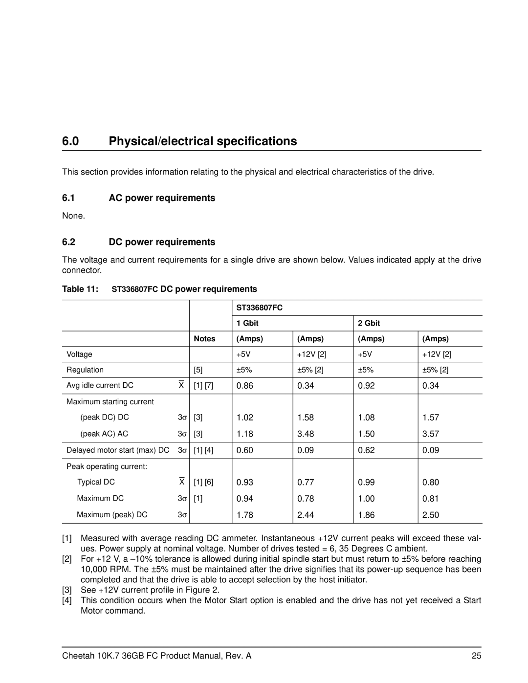 Seagate manual Physical/electrical specifications, AC power requirements, DC power requirements, ST336807FC Gbit Amps 