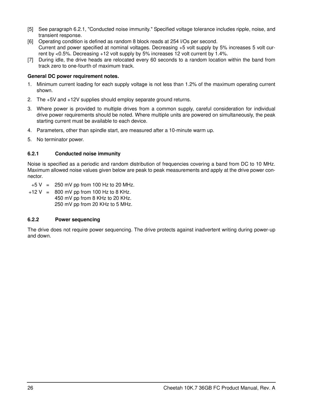 Seagate ST336807FC manual General DC power requirement notes, Conducted noise immunity, Power sequencing 