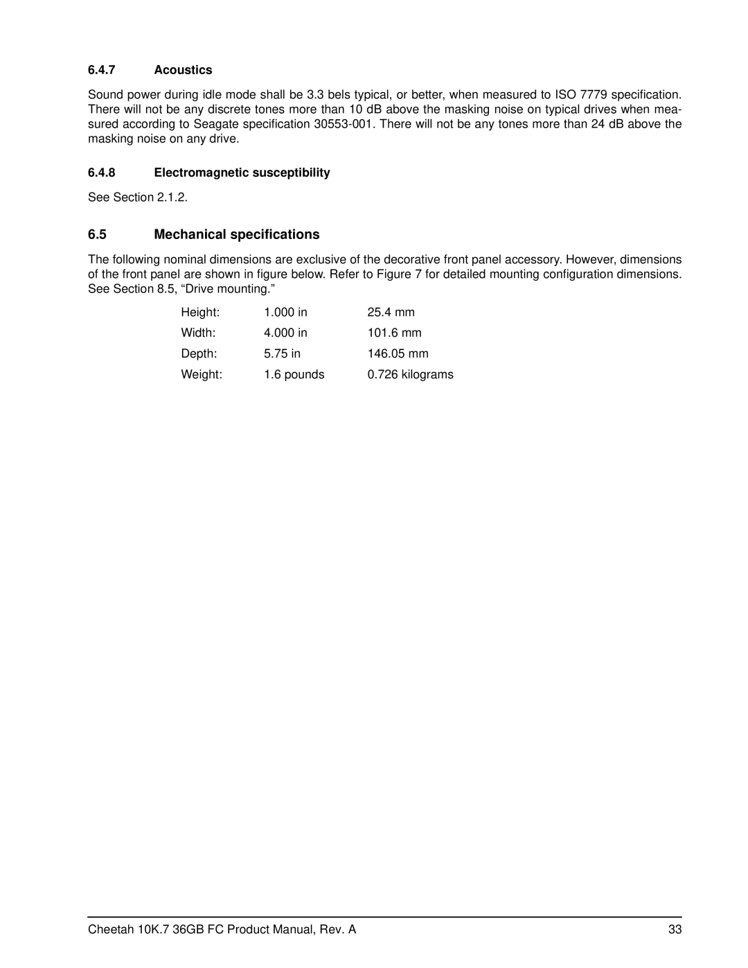 Seagate ST336807FC manual Mechanical specifications, Acoustics 