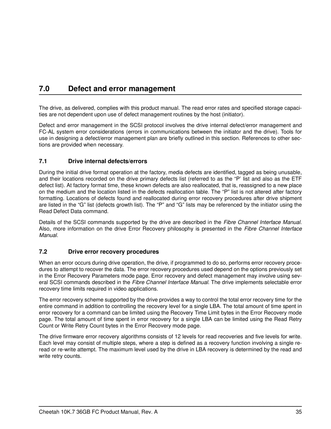 Seagate ST336807FC manual Defect and error management, Drive internal defects/errors, Drive error recovery procedures 