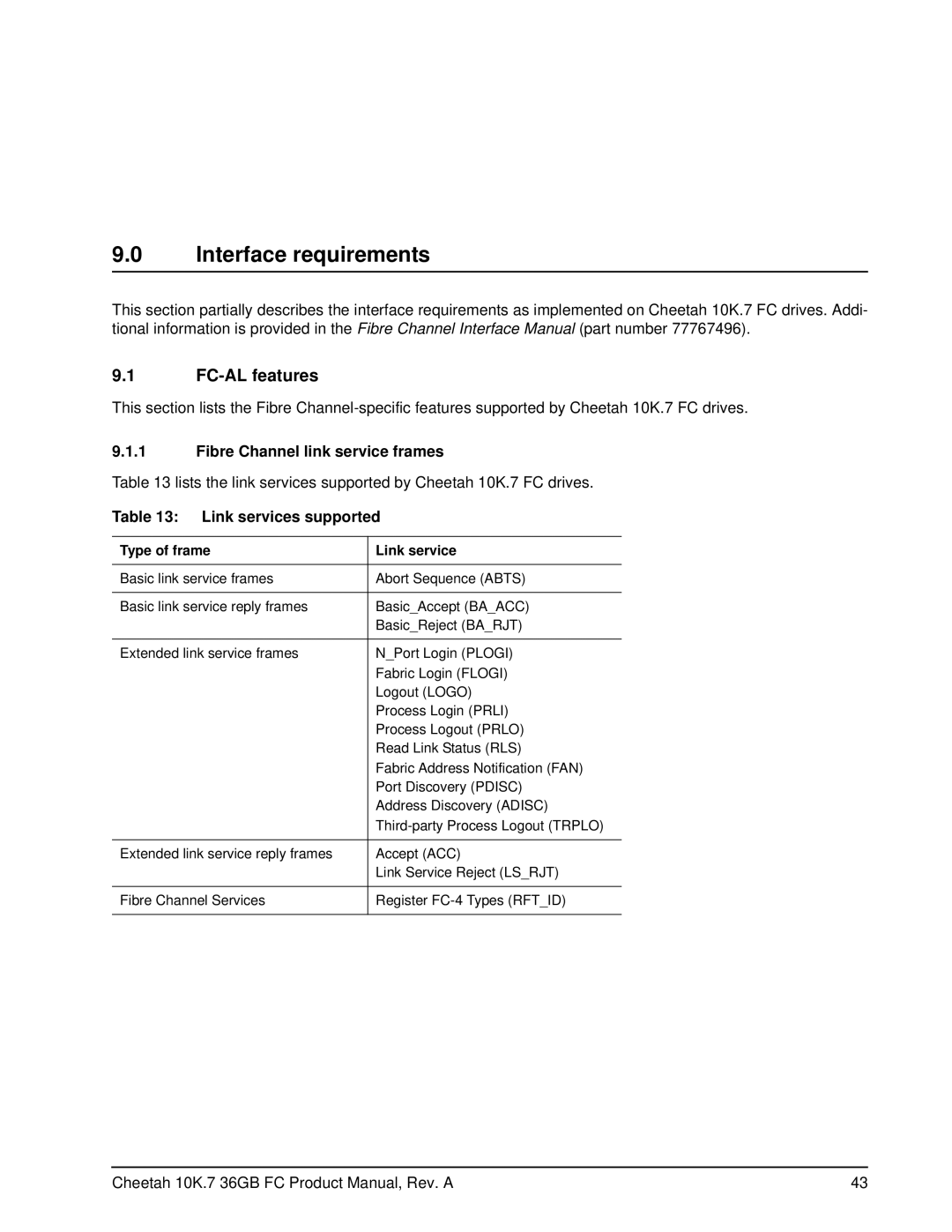 Seagate ST336807FC Interface requirements, FC-AL features, Fibre Channel link service frames, Link services supported 