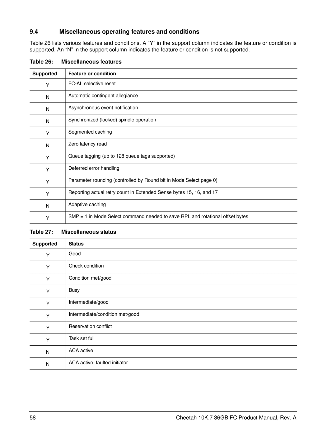 Seagate ST336807FC manual Miscellaneous operating features and conditions, Miscellaneous features, Miscellaneous status 