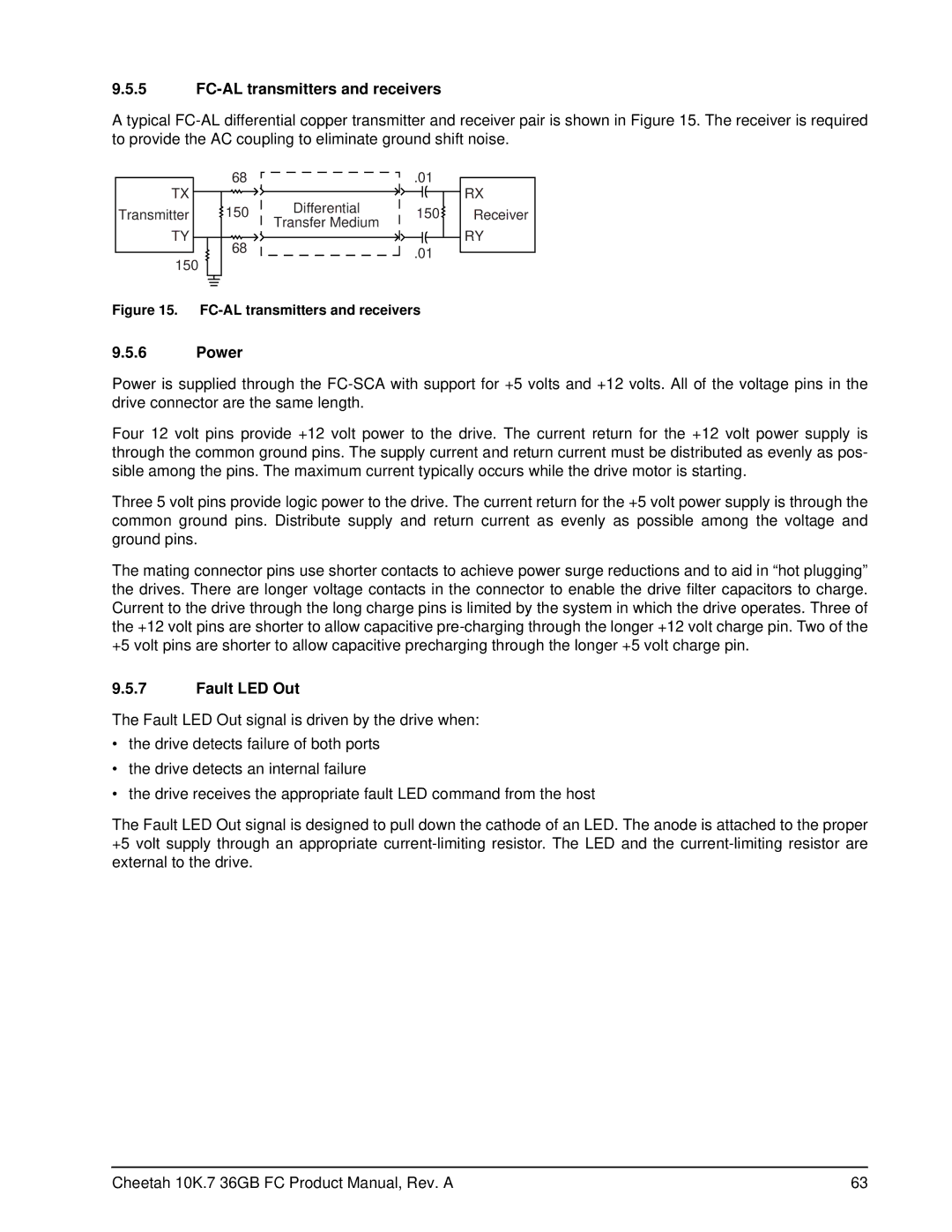 Seagate ST336807FC manual FC-AL transmitters and receivers, Power, Fault LED Out 